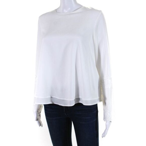Ellelauri Womens Round Neck Long Sleeve Lace Trim Blouse White Size M - Picture 2 of 7